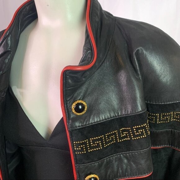 DI CAPRA INTERNATIONAL LEATHER JACKET WITH RED LEATHER TRIM GOLD BUTTONS LARGE - Picture 9 of 12